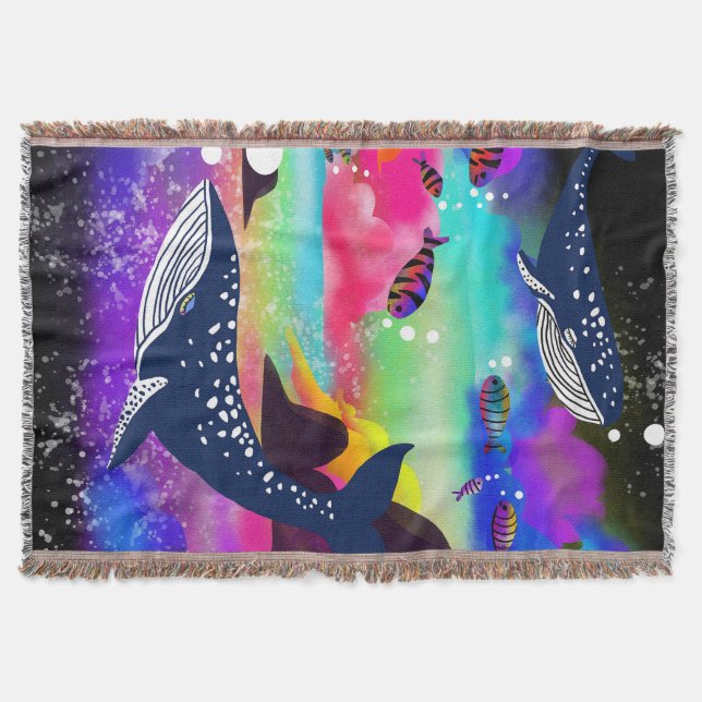 Dreamy Ocean Whales – Colourful Marine Life  Throw Blanket (Front)