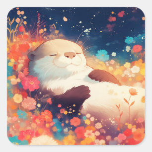 Dreamy Otter Sticker Resting in a Colourful Meadow