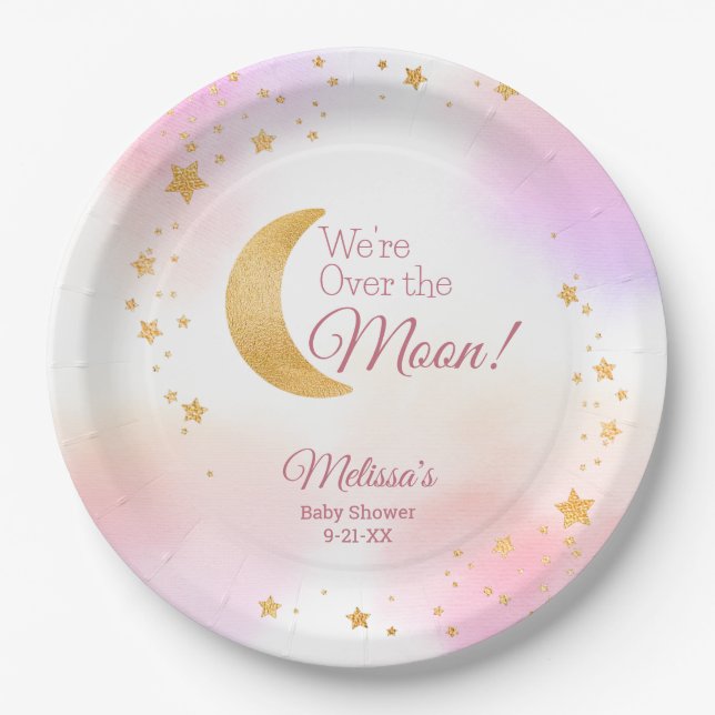 Dreamy Over the Moon Pink Girl Baby Shower Paper Plate (Front)
