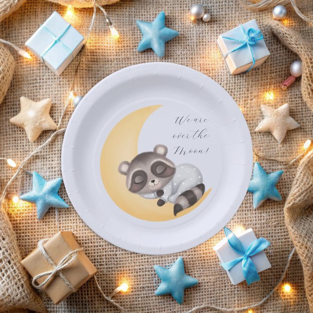 Dreamy Over the Moon Racoon Boy Baby Shower Paper Plate (Dreamy Over the Moon Raccoon Boy Baby Shower Paper Plates)