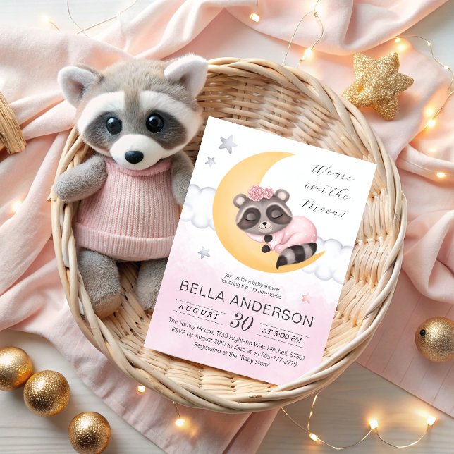 Dreamy Over the Moon Racoon Girl Baby Shower  Invitation (Dreamy Over the Moon Raccoon Girl Baby Shower Invitation)