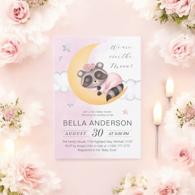 Dreamy Over the Moon Racoon Girl Baby Shower Invitation (Dreamy Over the Moon Raccoon Girl Baby Shower Invitation)