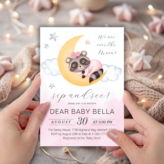 Dreamy Over the Moon Racoon Girl Sip and See Invitation (Dreamy Over the Moon Raccoon Girl Sip and See Invitation)