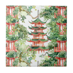 Dreamy Pagoda Forest Sage Watercolor Tile