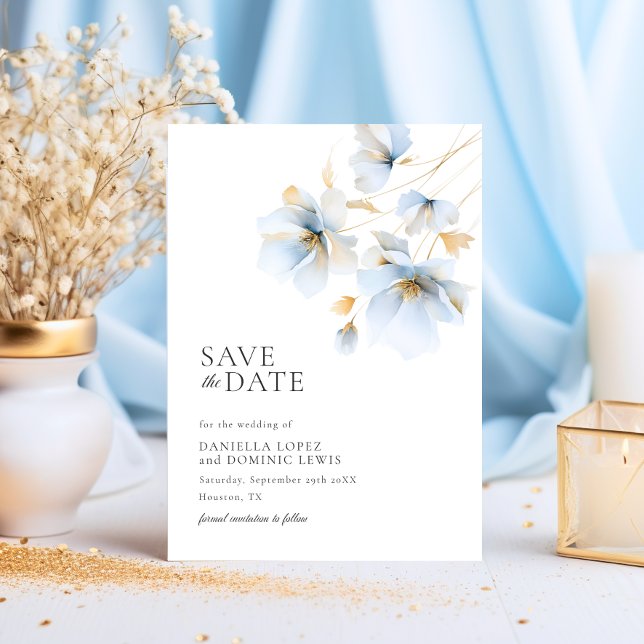 Dreamy Pastel Blue and Gold Wild Flowers Wedding Save The Date (Dreamy Pastel Blue and Gold Wild Flowers Wedding Save The Date)