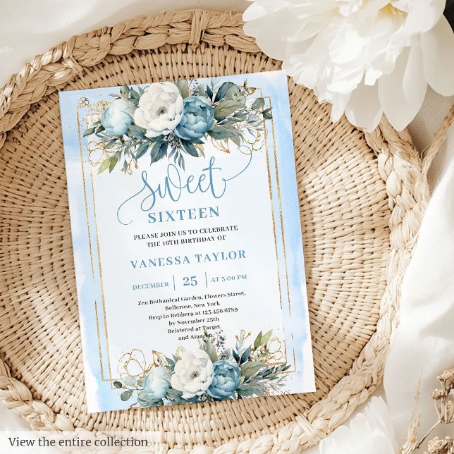 Dreamy Pastel Blue White Floral Sweet Sixteen 16 Invitation (Dreamy Pastel Blue White Floral Sweet 16 Invitation)