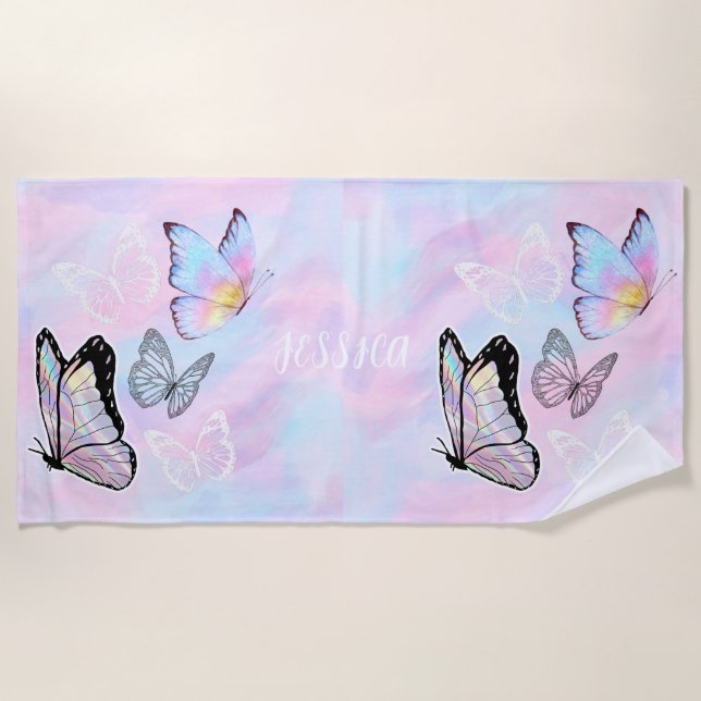 Dreamy Pastel Butterfly Personalized Beach Towel (Front)