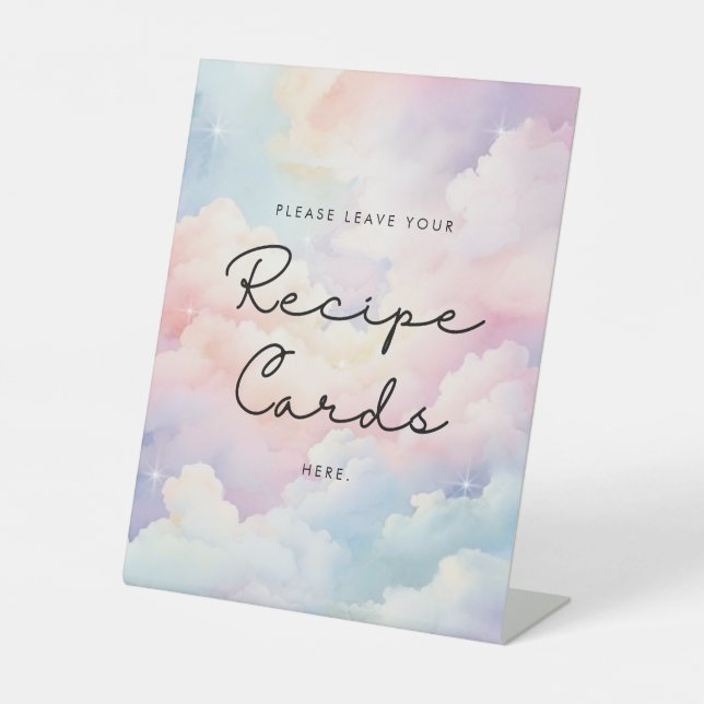 Dreamy Pastel Clouds Recipe Cards Bridal Shower Pedestal Sign (Front)