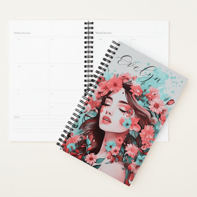 Dreamy Pastel Florals Girl Portrait Pop Art Name Planner (Display)