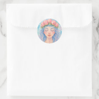 Dreamy Pastel Girl with Tulip Flower Crown Illustr Classic Round Sticker