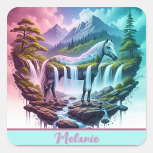 Dreamy Pastel Horse Waterfall Nature Scene Square Sticker