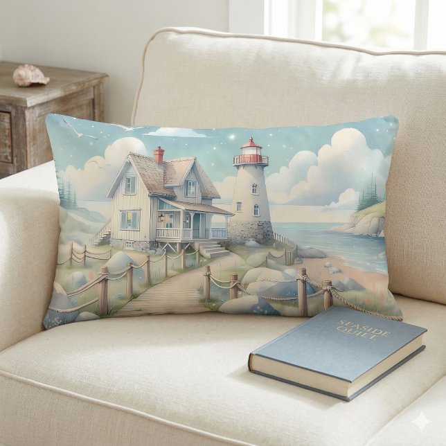 Dreamy Pastel Lighthouse by the Sea Lumbar Cushion (Dreamy Pastel Lighthouse by the Sea Lumbar Pillow On Sofa)