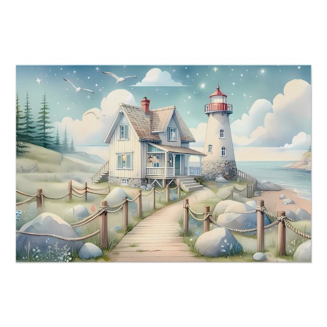 Dreamy Pastel Lighthouse by the Sea Poster (Front)