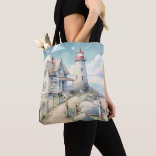 Dreamy Pastel Lighthouse by the Sea Tote Bag