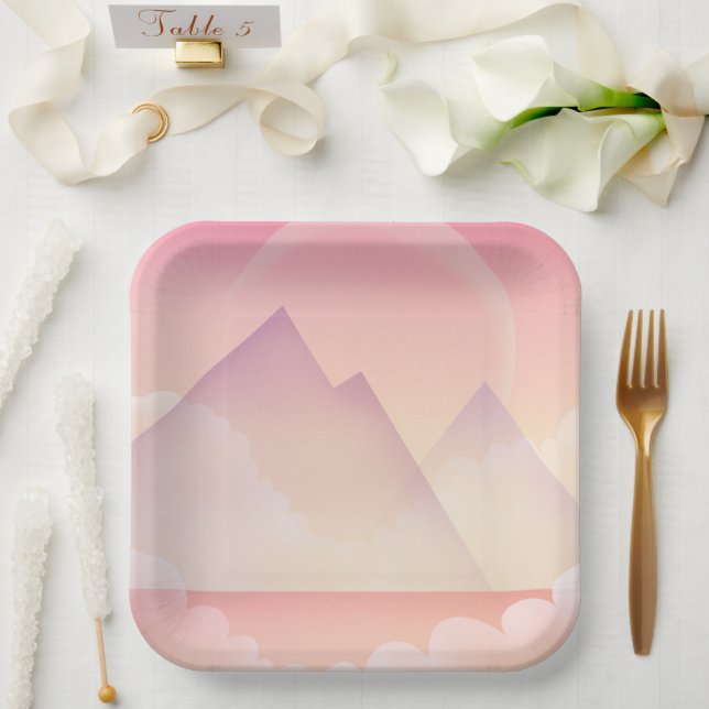 Dreamy Pastel Mountain Landscape Paper Plate (Wedding)