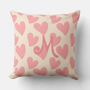 Dreamy Pastel Pink Hearts Monogrammed Beige Cushion