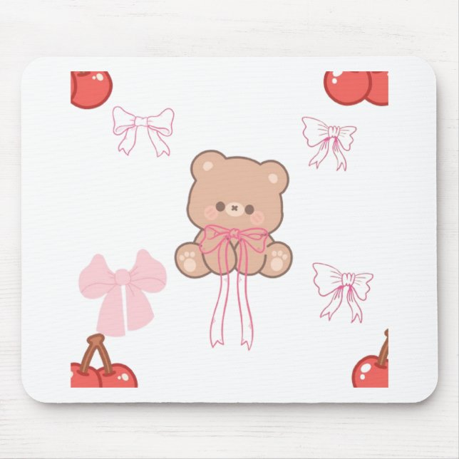Dreamy Pastel Teddy Bear Pink Bow Coquette Aesthet Mouse Pad (Front)