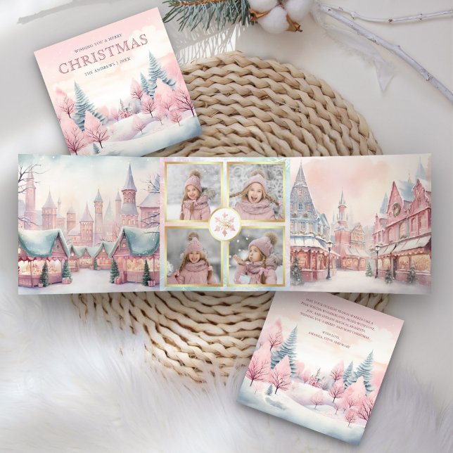 Dreamy Pastel Winter Wonderland 4 Photo Christmas Tri-Fold Holiday Card (Creator Uploaded)