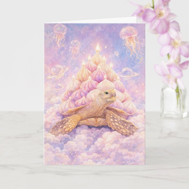 Dreamy Pastel Zefir Birthday turtle in clouds  Card (Orchid)