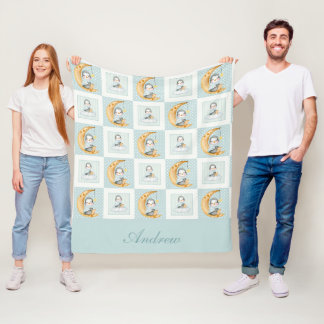 Dreamy Penguin Moon Baby Blue Green Fleece Blanket