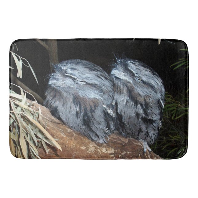 "Dreamy Perch: Sleepy Tawny Frogmouth Owls" Bath Mat (Front)