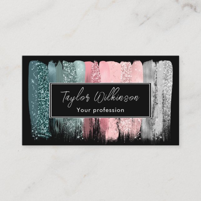 Dreamy Pink and Green Brush Strokes Business Card (Front)