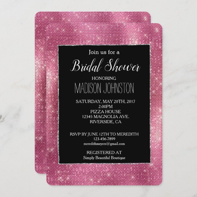 Dreamy Pink Black Glitzy Silver Sparkle Bridal Invitation (Front/Back)