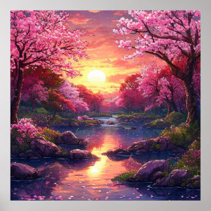 🌸 Dreamy Pink Blossom Tree Sunset Lake Serenity  Poster