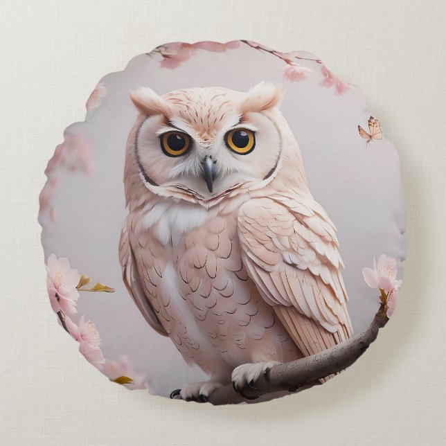 Dreamy Pink Cherry Blossoms Owl Round Cushion (Front)