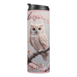 Dreamy Pink Cherry Blossoms Owl Thermal Tumbler