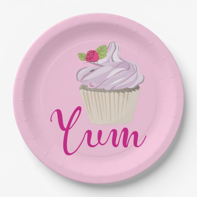 Dreamy Pink Cupcake with Raspberry Yum! Paper Plate (Front)