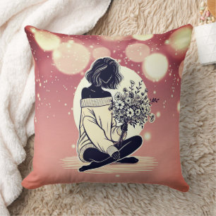 Dreamy Pink Elegance: A Woman's Quiet Reflection Cushion
