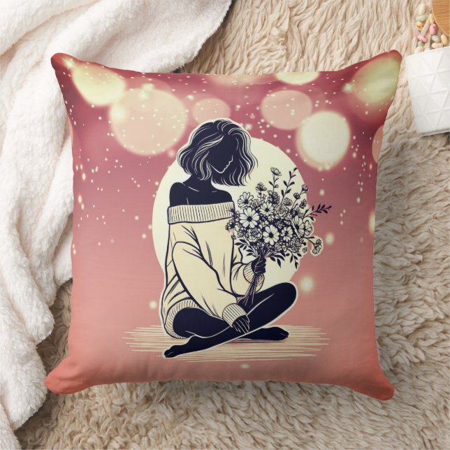 Dreamy Pink Elegance: A Woman's Quiet Reflection Cushion (Blanket)