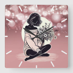Dreamy Pink Elegance: A Woman's Quiet Reflection Square Wall Clock
