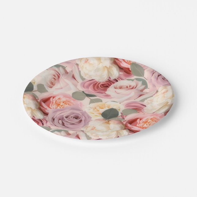 Dreamy Pink Floral Elegant Shabby Chic Roses Paper Plate (Angled)