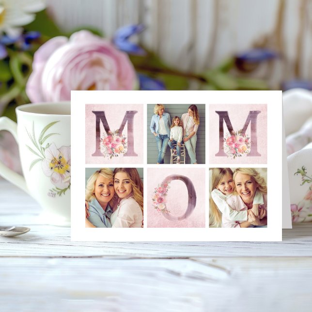 Dreamy Pink Floral MOM Photo Collage Mother's Day Card (Creator Uploaded)
