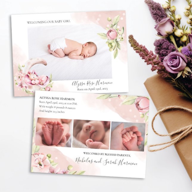 Dreamy Pink Floral & Unicorn Baby Girl Photo Announcement (Creator Uploaded)