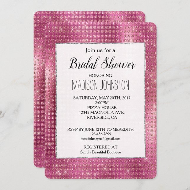 Dreamy Pink Glitzy Silver Sparkle Bridal Invitation (Front/Back)