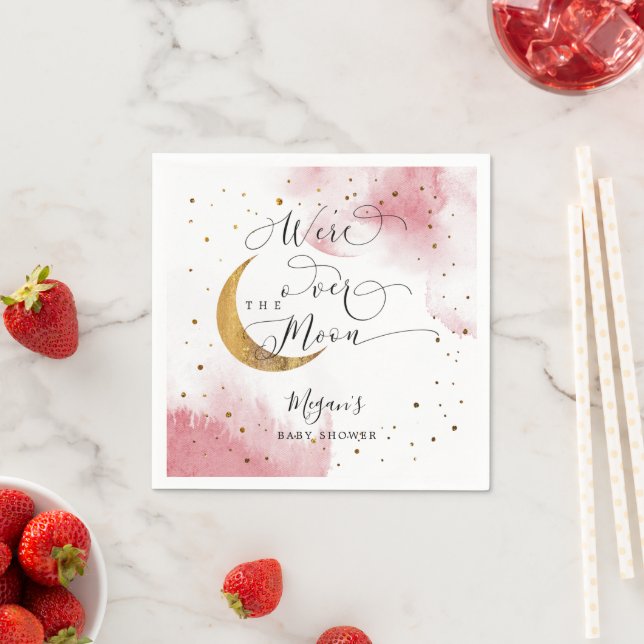Dreamy Pink Gold Over The Moon Baby Shower Napkin (Insitu)