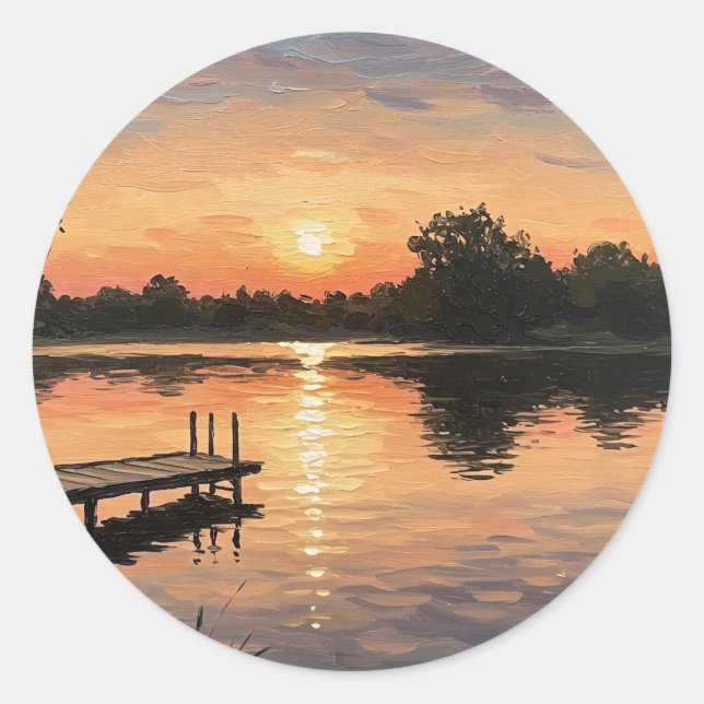 Dreamy Pink Lake Sunset Dock Moment Classic Round Sticker (Front)