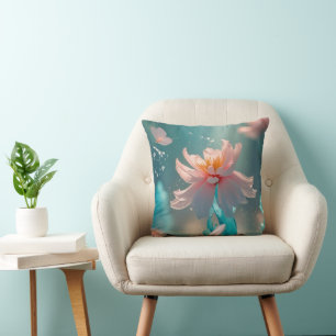Dreamy Pink Lotus and Butterfly in Aqua Water Cushion