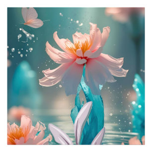 Dreamy Pink Lotus and Butterfly in Aqua Water Photo Print