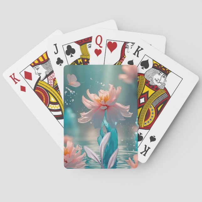 Dreamy Pink Lotus and Butterfly in Aqua Water Playing Cards (Back)