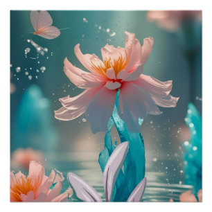 Dreamy Pink Lotus and Butterfly in Aqua Water Poster
