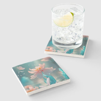 Dreamy Pink Lotus and Butterfly in Aqua Water Stone Coaster