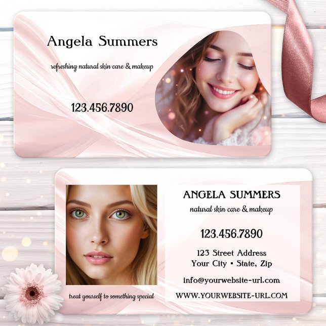 Dreamy Pink Natural Beauty Makeup Artist Business Card (A dreamy pink business card featuring an elegant abstract design with your photos on front and back)