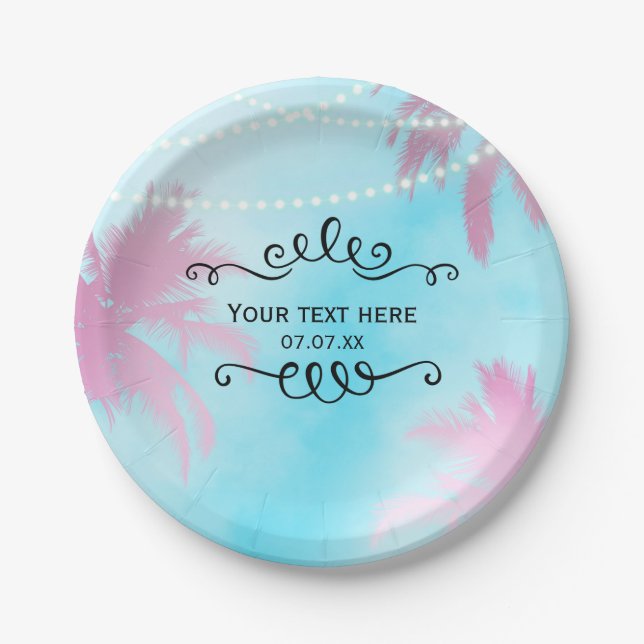 Dreamy Pink Palm Trees Blue Sky String Lights Paper Plate (Front)