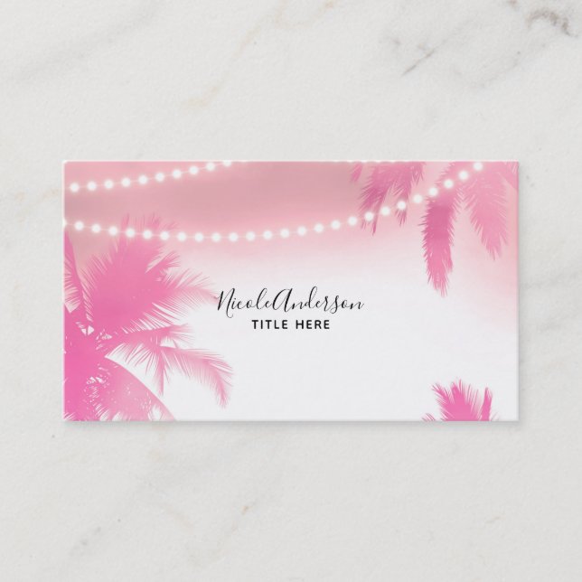 Dreamy Pink Palm Trees & String Lights Beachy Glam Business Card (Front)