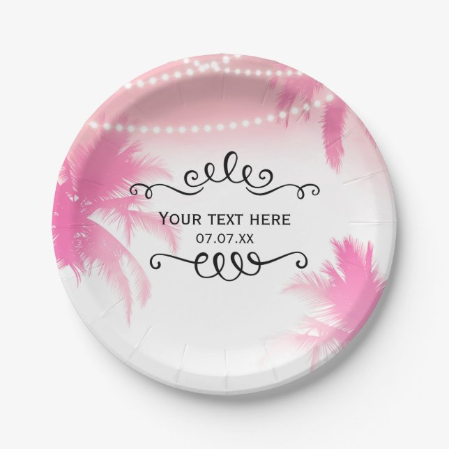 Dreamy Pink Palm Trees & String Lights Party Paper Plate (Front)