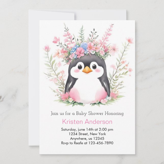Dreamy Pink Penguin Delightful Girl Baby Shower Invitation (Front)